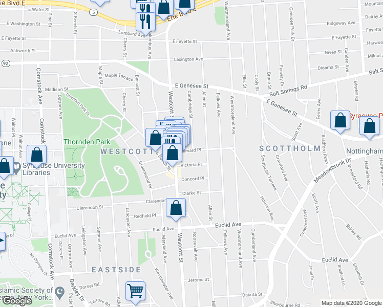 map of restaurants, bars, coffee shops, grocery stores, and more near 121 Victoria Place in Syracuse