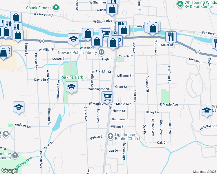 map of restaurants, bars, coffee shops, grocery stores, and more near 114 Washington Street in Newark
