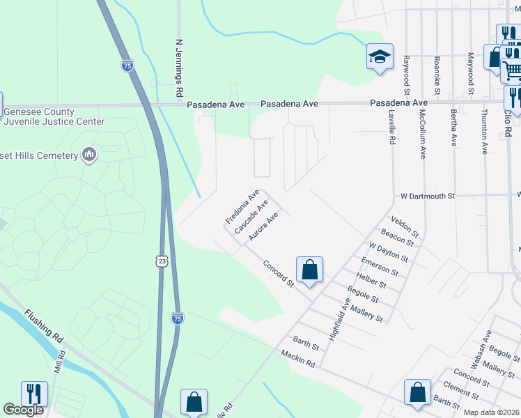 map of restaurants, bars, coffee shops, grocery stores, and more near 3598 Concord Street in Flint