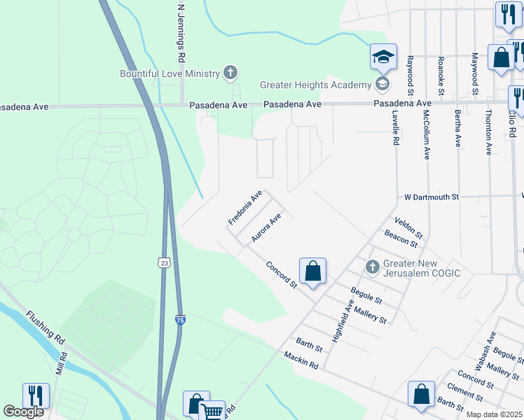 map of restaurants, bars, coffee shops, grocery stores, and more near 3598 Concord Street in Flint