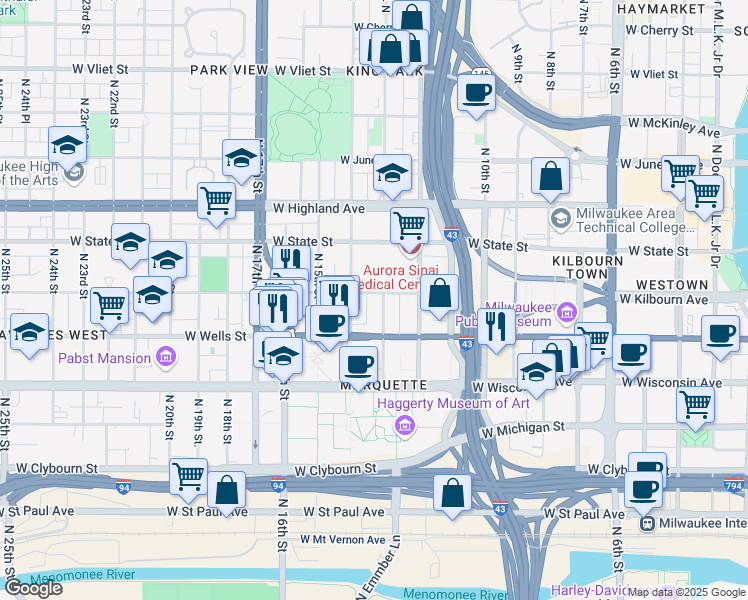 map of restaurants, bars, coffee shops, grocery stores, and more near 1240 West Wells Street in Milwaukee