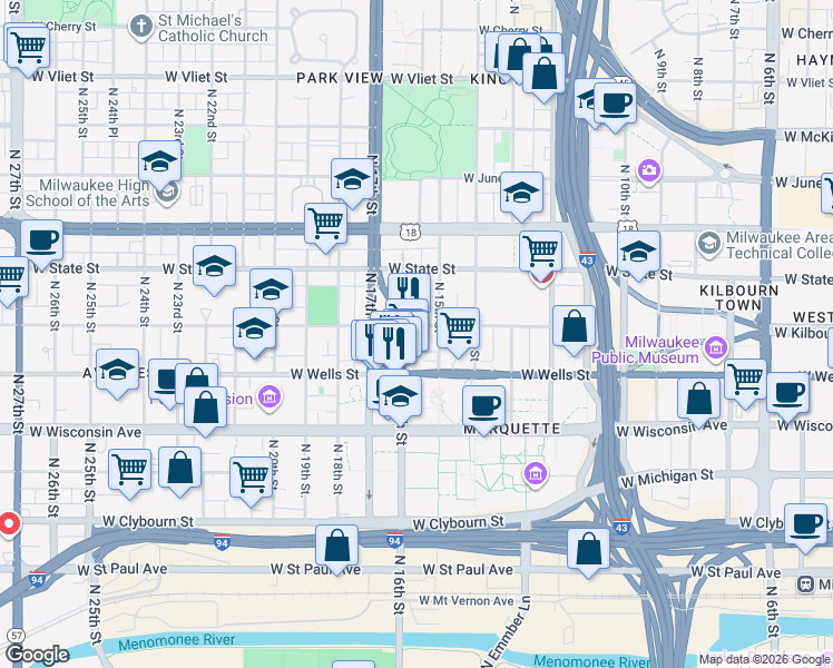 map of restaurants, bars, coffee shops, grocery stores, and more near 1532 West Wells Street in Milwaukee