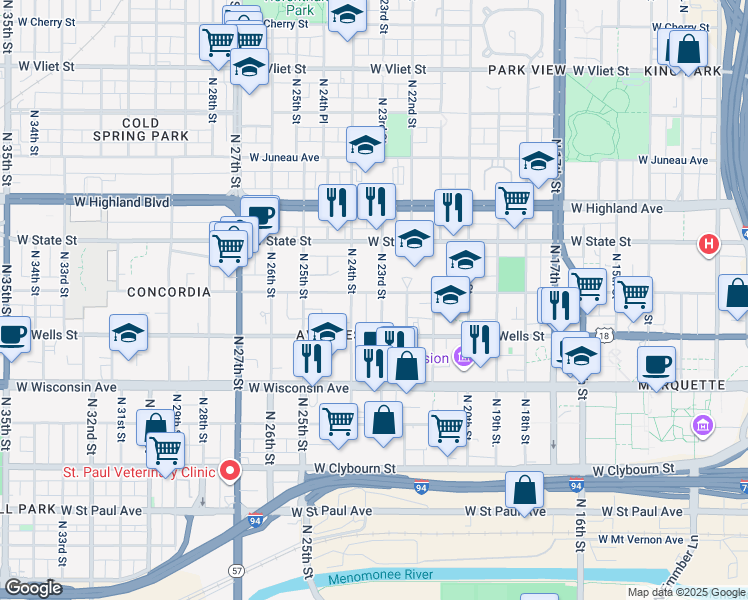 map of restaurants, bars, coffee shops, grocery stores, and more near 835 North 23rd Street in Milwaukee