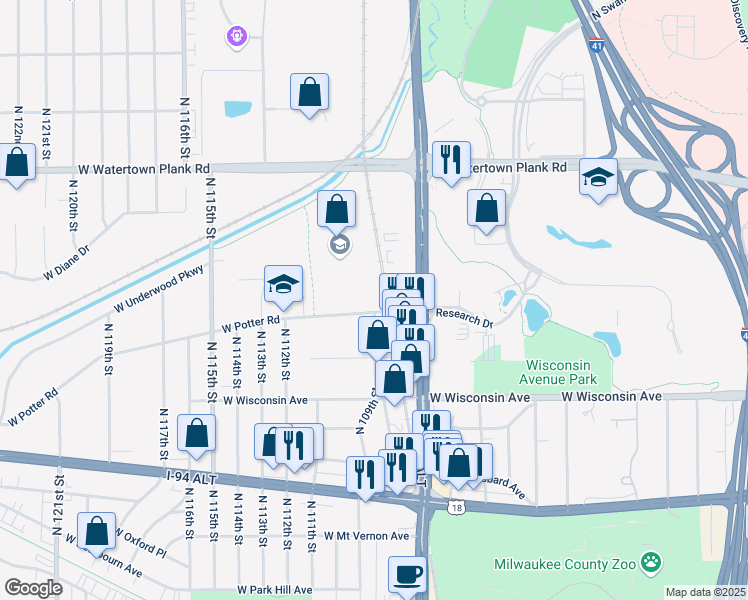 map of restaurants, bars, coffee shops, grocery stores, and more near 10855 West Potter Road in Wauwatosa