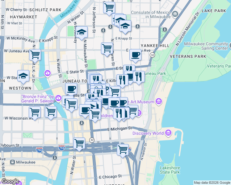 map of restaurants, bars, coffee shops, grocery stores, and more near N Van Buren St & E Wells St in Milwaukee