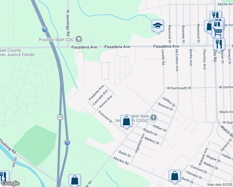 map of restaurants, bars, coffee shops, grocery stores, and more near 3638 Caco Street in Flint