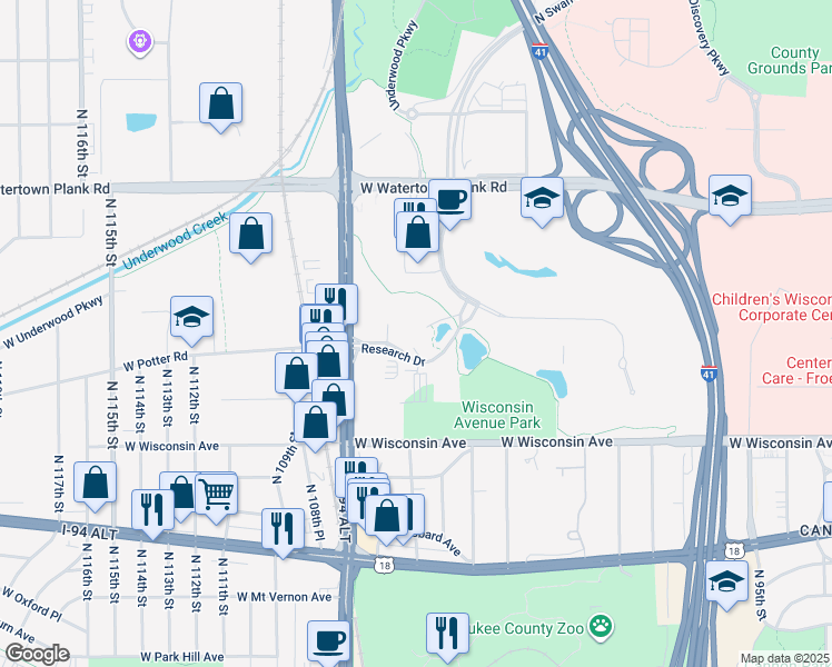 map of restaurants, bars, coffee shops, grocery stores, and more near 10700 West Research Drive in Milwaukee