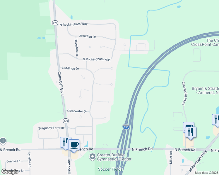 map of restaurants, bars, coffee shops, grocery stores, and more near 43 Ambrose Court in Buffalo