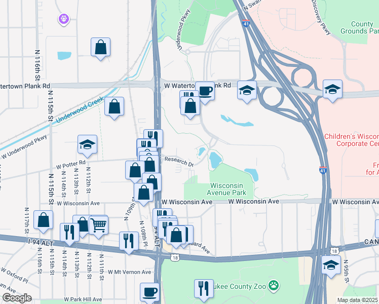 map of restaurants, bars, coffee shops, grocery stores, and more near 10700 West Research Drive in Milwaukee