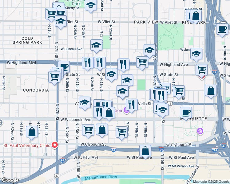 map of restaurants, bars, coffee shops, grocery stores, and more near 2103 West Kilbourn Avenue in Milwaukee