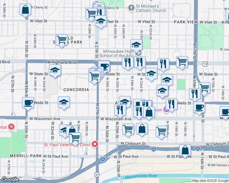 map of restaurants, bars, coffee shops, grocery stores, and more near 2501 West Kilbourn Avenue in Milwaukee