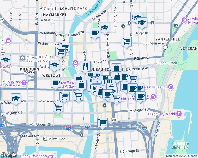 map of restaurants, bars, coffee shops, grocery stores, and more near 809 North Broadway in Milwaukee