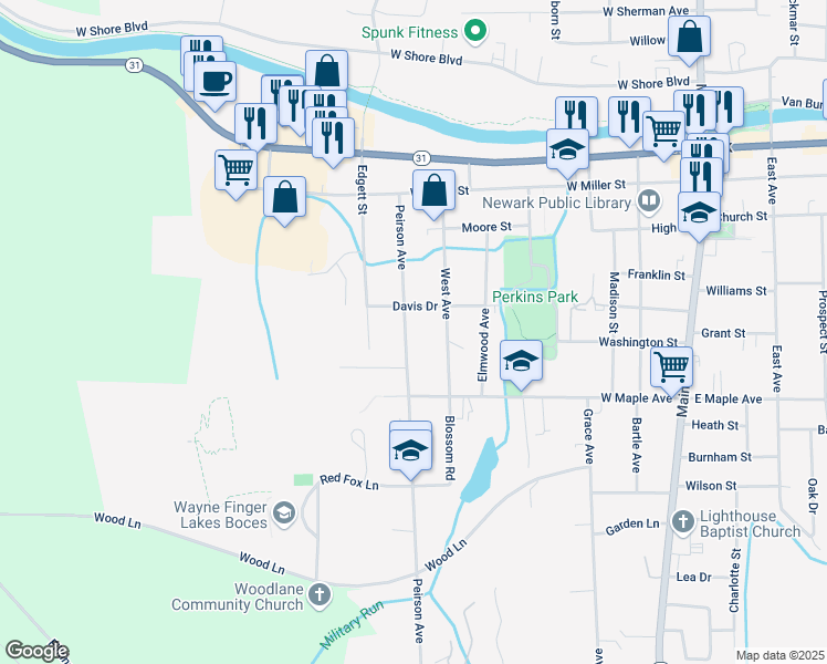 map of restaurants, bars, coffee shops, grocery stores, and more near 228 Peirson Avenue in Newark