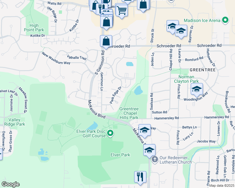 map of restaurants, bars, coffee shops, grocery stores, and more near 6815 Park Edge Drive in Madison
