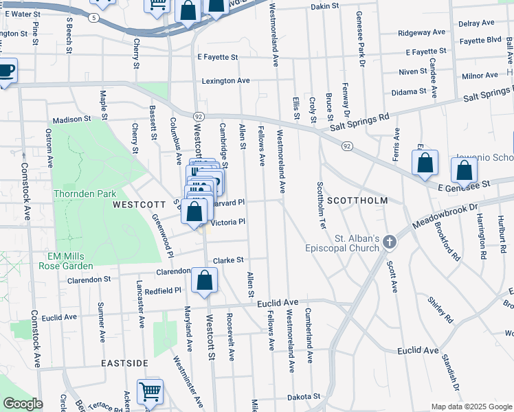 map of restaurants, bars, coffee shops, grocery stores, and more near 318 Harvard Place in Syracuse