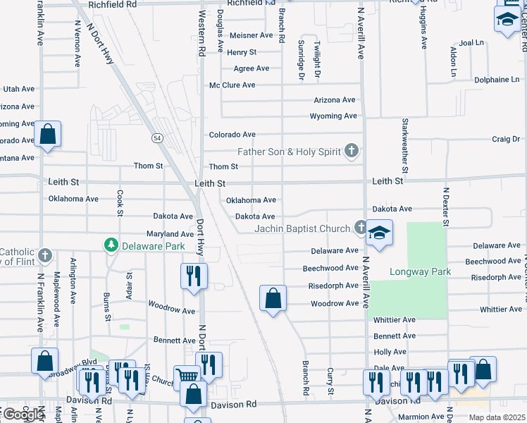 map of restaurants, bars, coffee shops, grocery stores, and more near 3010 Dakota Avenue in Flint