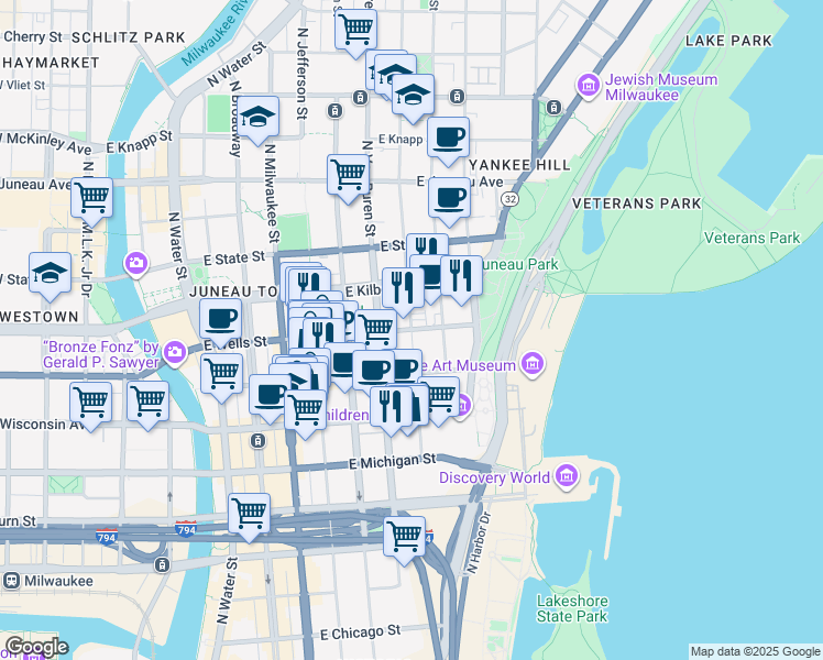 map of restaurants, bars, coffee shops, grocery stores, and more near N Cass St & E Wells St in Milwaukee