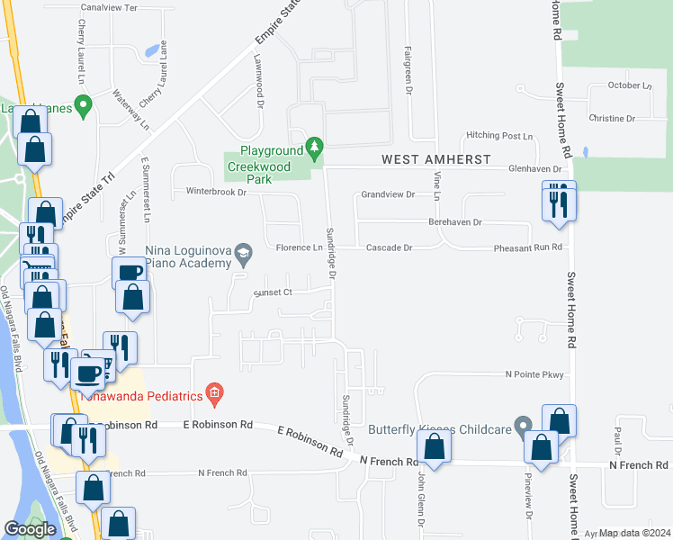 map of restaurants, bars, coffee shops, grocery stores, and more near 251 Sundridge Drive in Buffalo