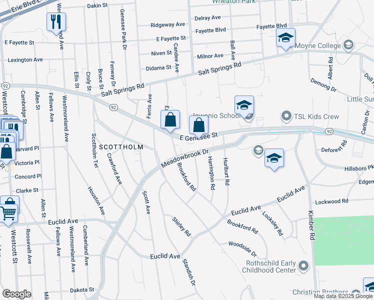 map of restaurants, bars, coffee shops, grocery stores, and more near 1524 Meadowbrook Drive in Syracuse