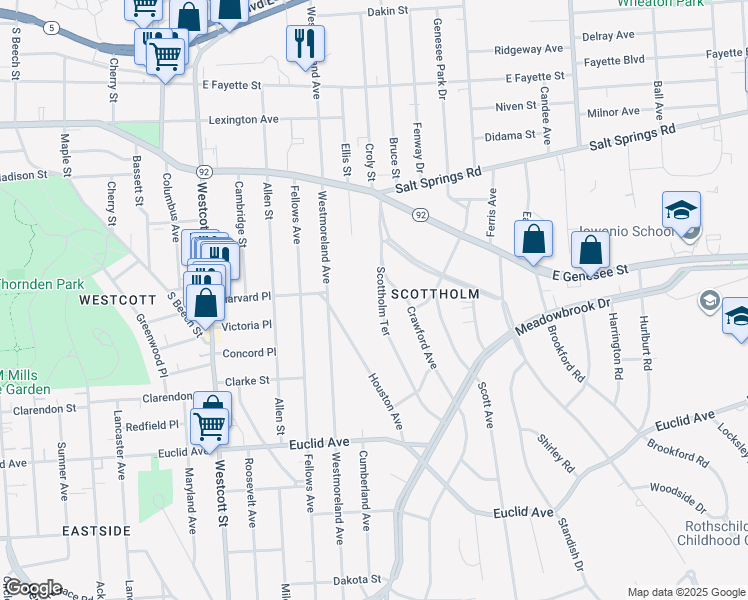 map of restaurants, bars, coffee shops, grocery stores, and more near 217-19 Cumberland Avenue in Syracuse