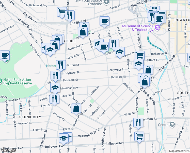 map of restaurants, bars, coffee shops, grocery stores, and more near 321-23 Shonnard Street in Syracuse