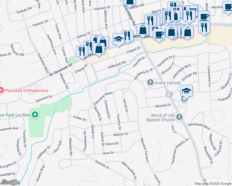 map of restaurants, bars, coffee shops, grocery stores, and more near 105 Terrace Drive in Syracuse