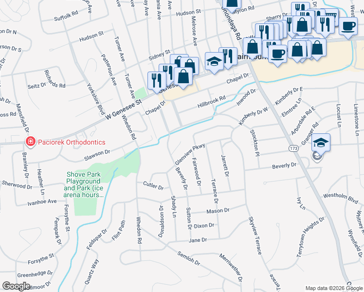map of restaurants, bars, coffee shops, grocery stores, and more near 100 Diane Terrace in Syracuse
