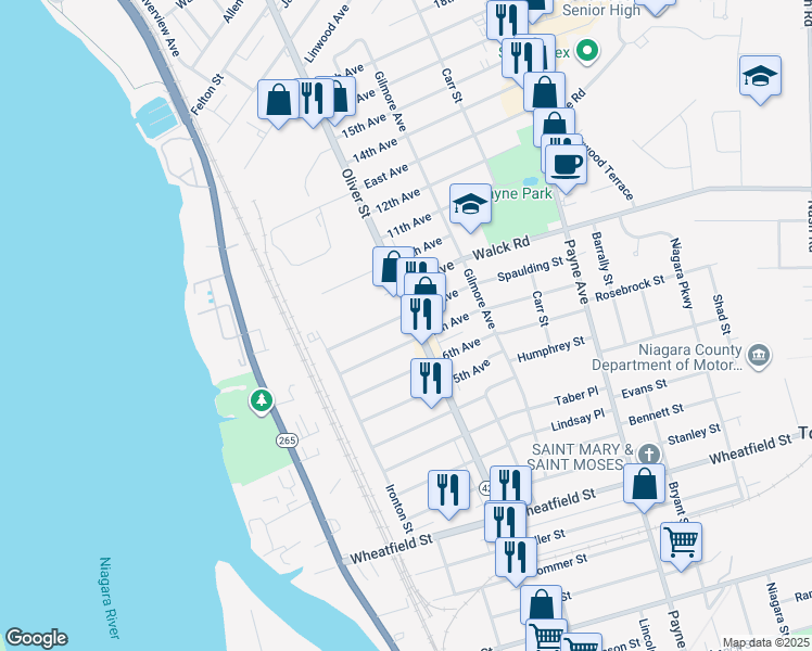 map of restaurants, bars, coffee shops, grocery stores, and more near 62 7th Avenue in North Tonawanda