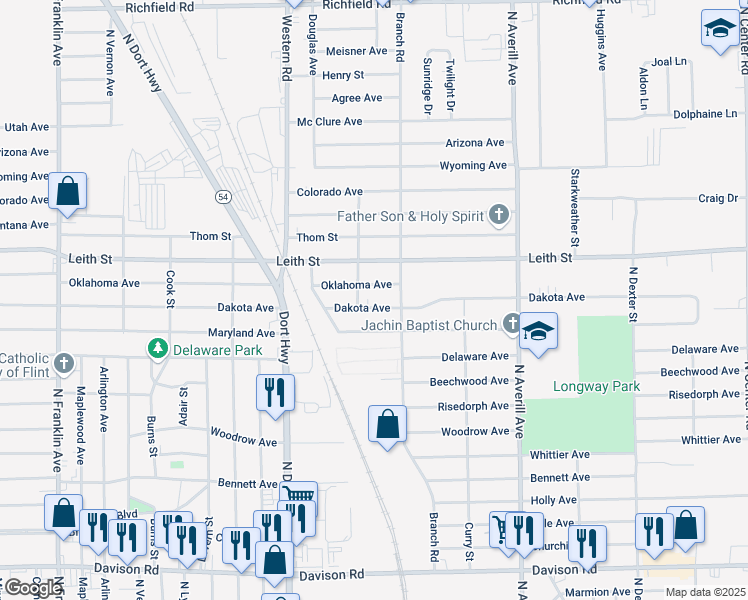 map of restaurants, bars, coffee shops, grocery stores, and more near 3010 Dakota Avenue in Flint