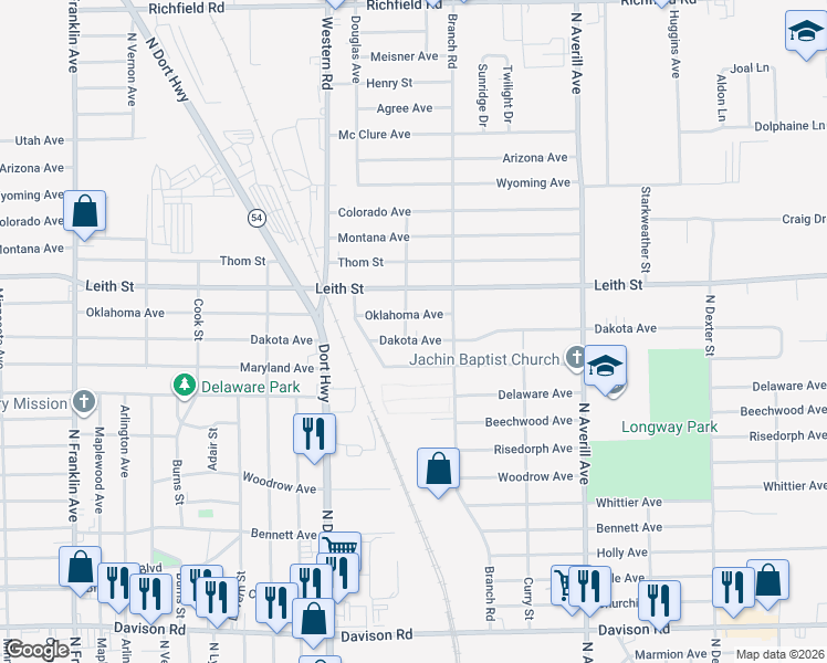 map of restaurants, bars, coffee shops, grocery stores, and more near 3010 Dakota Avenue in Flint