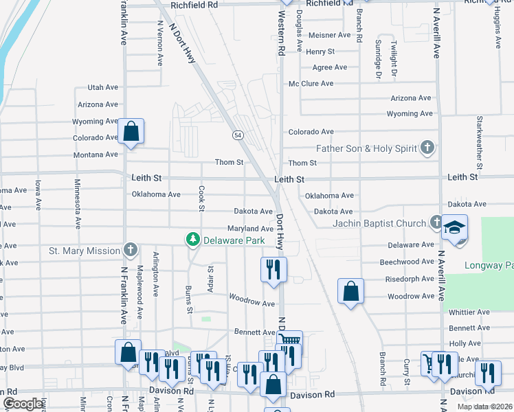 map of restaurants, bars, coffee shops, grocery stores, and more near 2702 Dakota Avenue in Flint