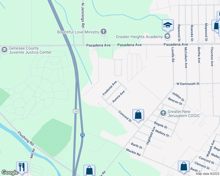 map of restaurants, bars, coffee shops, grocery stores, and more near 3598 Concord Street in Flint