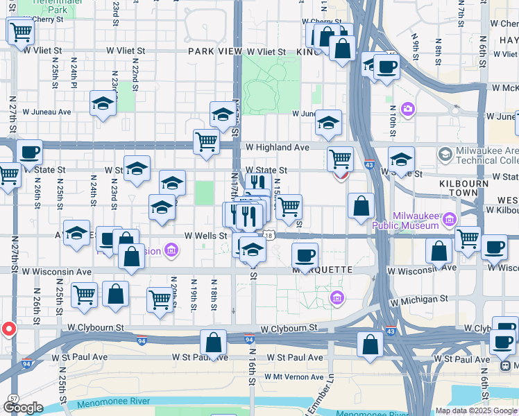 map of restaurants, bars, coffee shops, grocery stores, and more near 1532 West Wells Street in Milwaukee