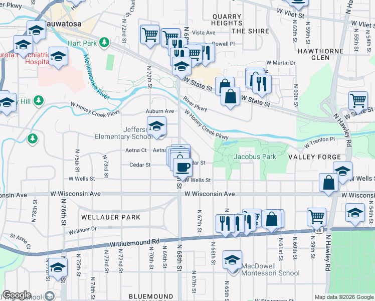 map of restaurants, bars, coffee shops, grocery stores, and more near 6707 Maple Terrace in Wauwatosa
