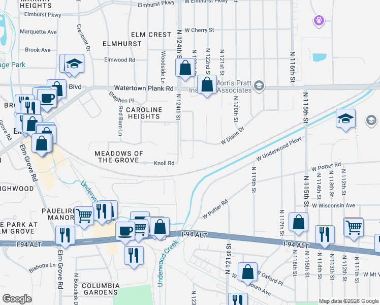 map of restaurants, bars, coffee shops, grocery stores, and more near 929 North 123rd Street in Wauwatosa