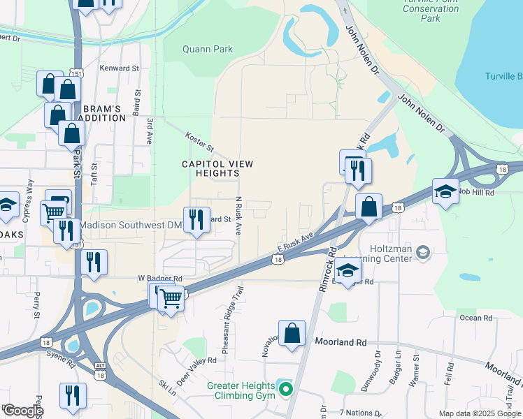 map of restaurants, bars, coffee shops, grocery stores, and more near 17 Capitol View Terrace in Madison