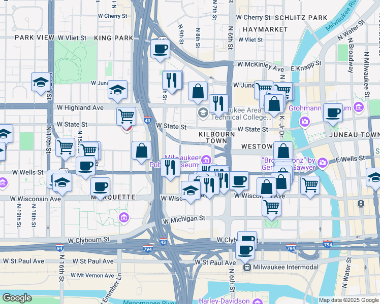 map of restaurants, bars, coffee shops, grocery stores, and more near 854 North 9th Street in Milwaukee