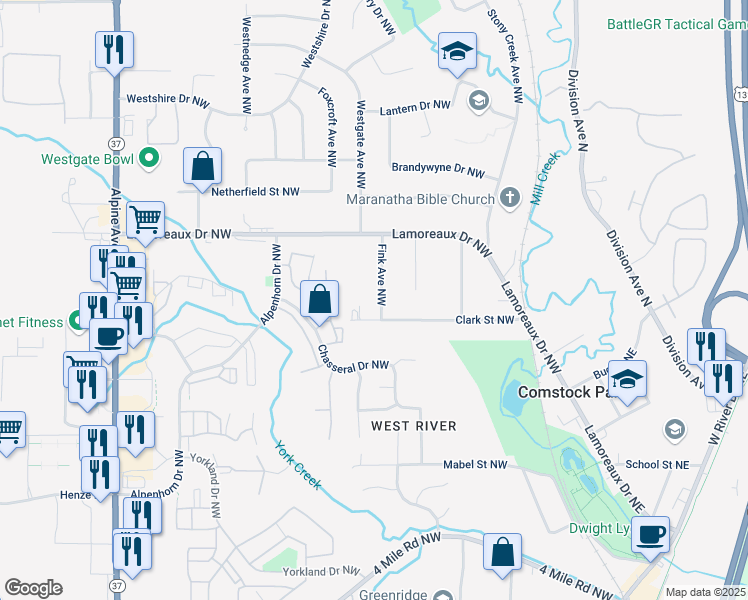 map of restaurants, bars, coffee shops, grocery stores, and more near 4239 Fink Avenue Northwest in Comstock Park