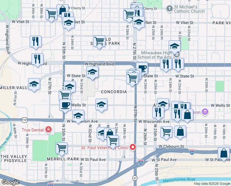 map of restaurants, bars, coffee shops, grocery stores, and more near 856 North 29th Street in Milwaukee