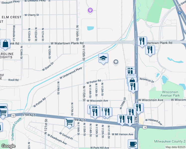 map of restaurants, bars, coffee shops, grocery stores, and more near 11304 West Potter Road in Wauwatosa