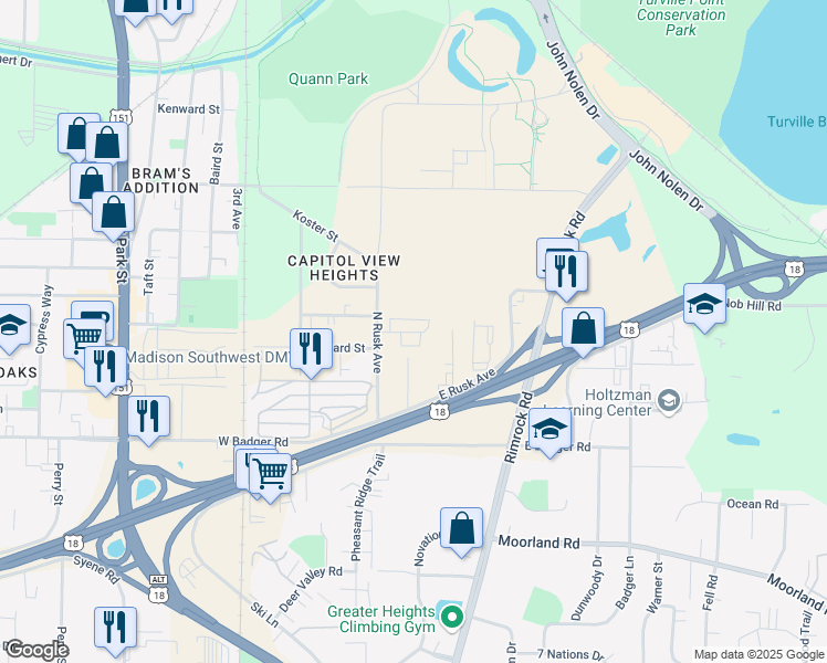 map of restaurants, bars, coffee shops, grocery stores, and more near 25 Capitol View Terrace in Madison