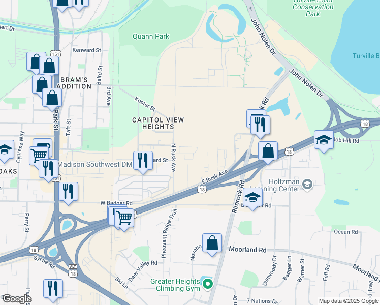 map of restaurants, bars, coffee shops, grocery stores, and more near 24 Capitol View Terrace in Madison