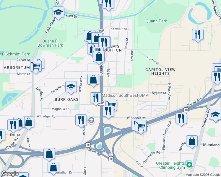 map of restaurants, bars, coffee shops, grocery stores, and more near 2243 Woodview Court in Madison