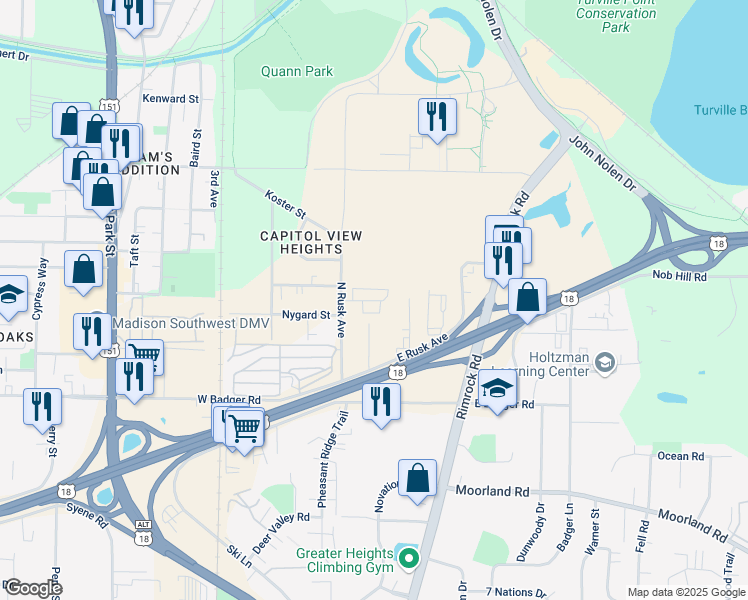 map of restaurants, bars, coffee shops, grocery stores, and more near 17 Capitol View Terrace in Madison