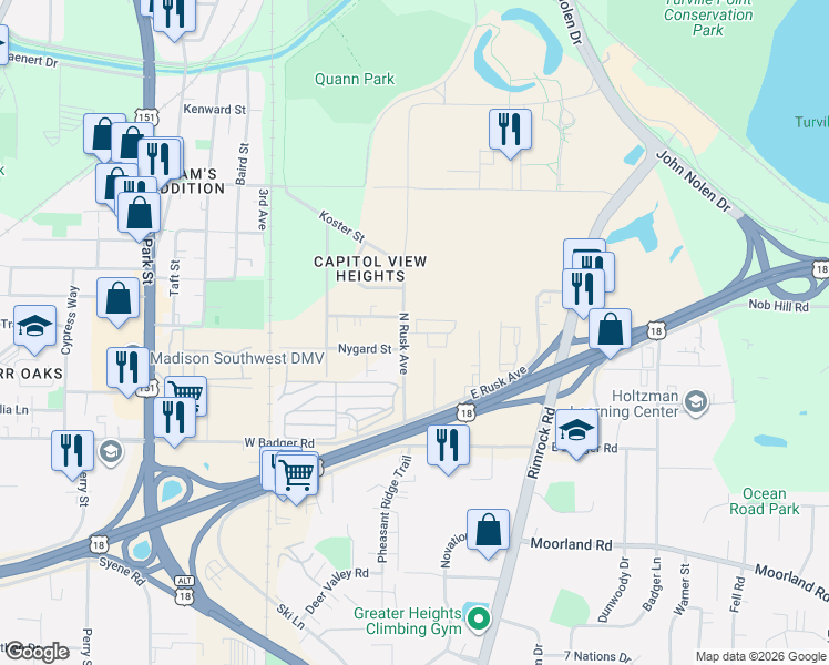 map of restaurants, bars, coffee shops, grocery stores, and more near 138 Capitol View Terrace in Madison