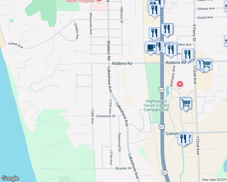 map of restaurants, bars, coffee shops, grocery stores, and more near 15020 177th Street in Grand Haven