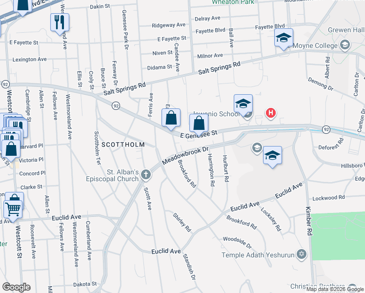 map of restaurants, bars, coffee shops, grocery stores, and more near 1524 Meadowbrook Drive in Syracuse