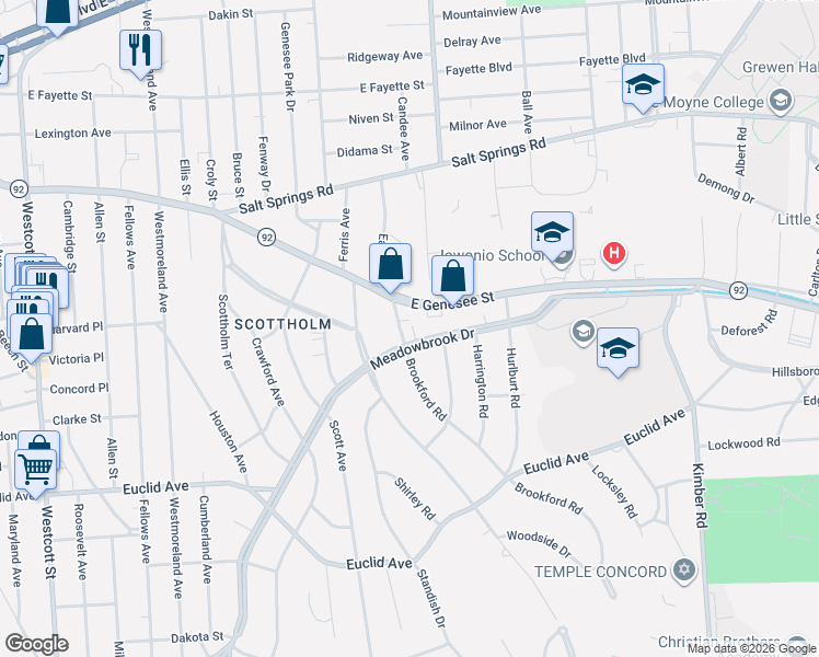 map of restaurants, bars, coffee shops, grocery stores, and more near 109 Brookford Road in Syracuse