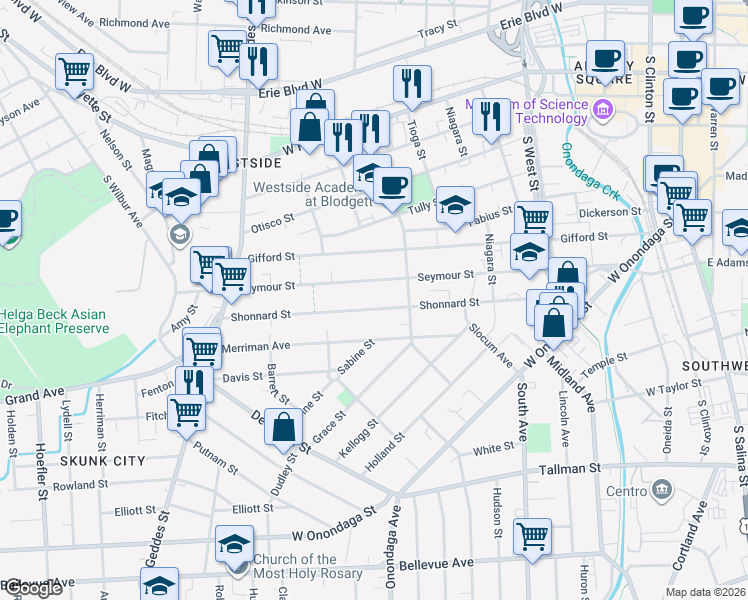 map of restaurants, bars, coffee shops, grocery stores, and more near 321-23 Shonnard Street in Syracuse