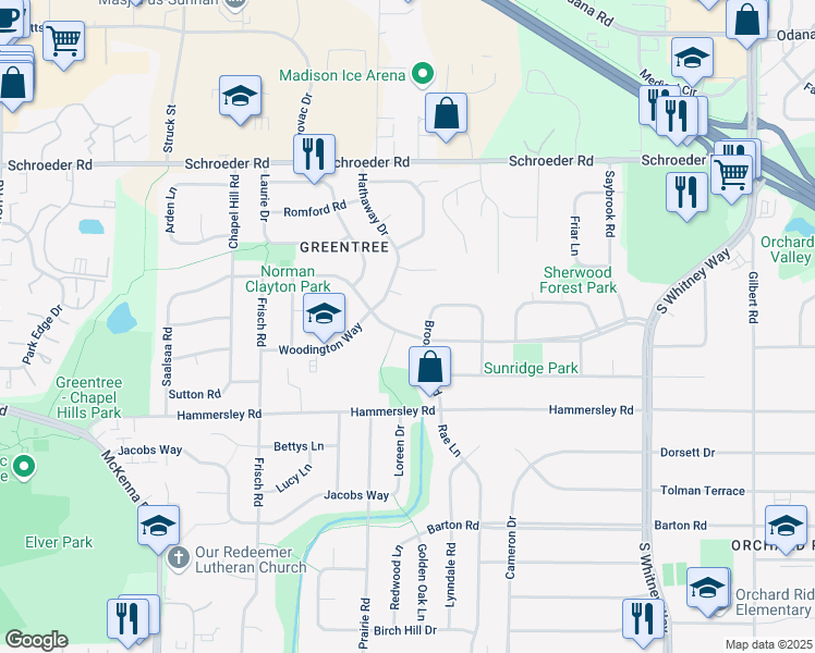 map of restaurants, bars, coffee shops, grocery stores, and more near 1202 Brookwood Road in Madison